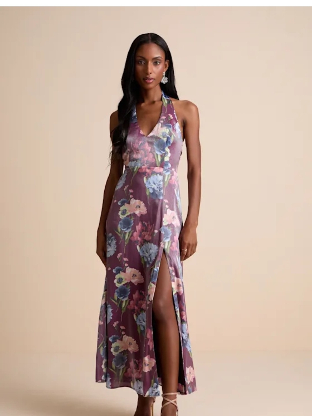 Lulu's Plum Floral Halter Maxi Dress